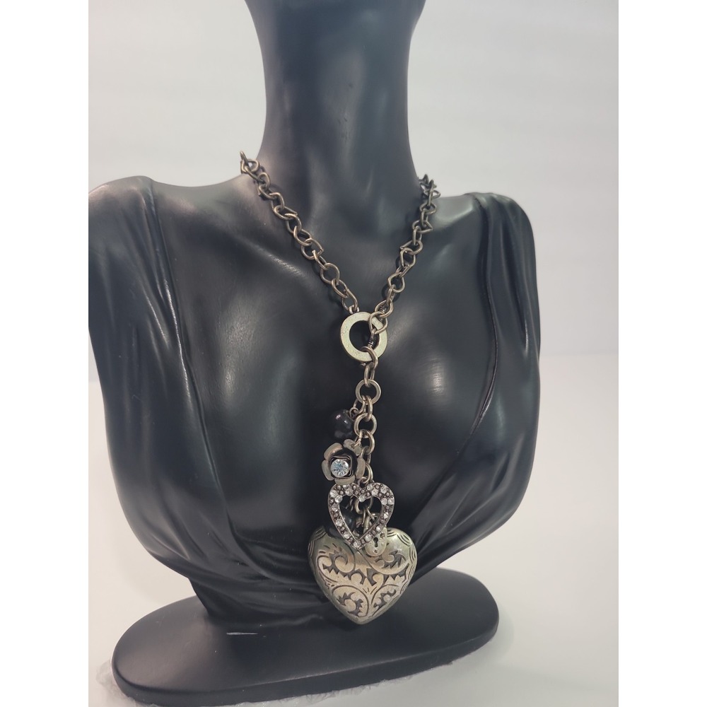 Silver Tone Heart Pendant Charm Necklace Floral Black Bead Statement